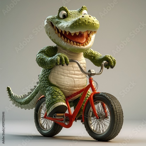 Crocodile on a Bike: Fun 3D Render of a cheerful crocodile enjoying a bike ride.  Perfect for children's books, cartoons, or playful branding. photo