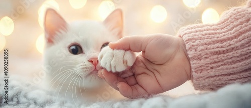 A playful white cat interacts gently with a person's hand, embodying warmth and companionship amidst soft lights. photo