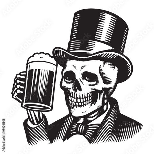 skeleton in a top hat drinks frothy beer mug drawing vector illustration