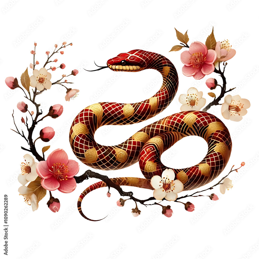 Obraz premium Elegant Year of the Snake Symbol with Blossoming Cherry Flowers. A stunning depiction of the Year of the Snake inspired by Asian cultural symbolism, Perfect for cultural festival designs, ceremonial 
