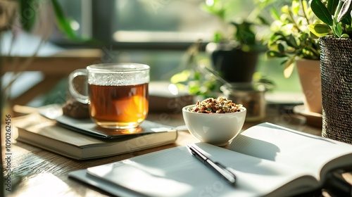 Wallpaper Mural Cozy Morning Scene with Tea, Snacks, Notebooks, and Green Plants Creating a Relaxed Atmosphere for Creative Work and Reflection in Natural Light Torontodigital.ca