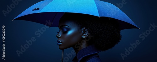 Serene Black Woman with Blue Umbrella Fashion Portrait Dark Background