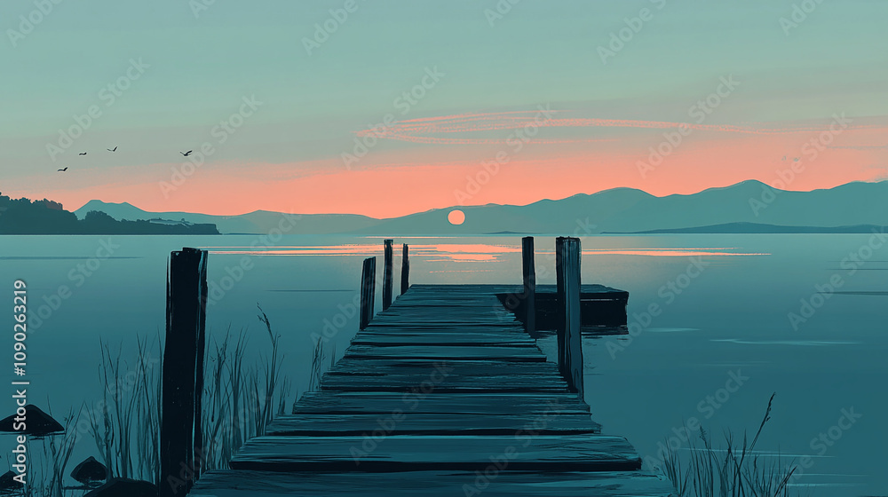 Obraz premium Serene sunset view from a rustic dock overlooking calm waters in a tranquil landscape