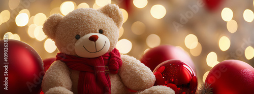 Teddy bear with red ribbon. Teddy bear with a gift boxex, presents. Toy drive teddy bear with balloons. Teddy bear with christmas lights isolated bokeh background. Christmas teddy bear with gift photo