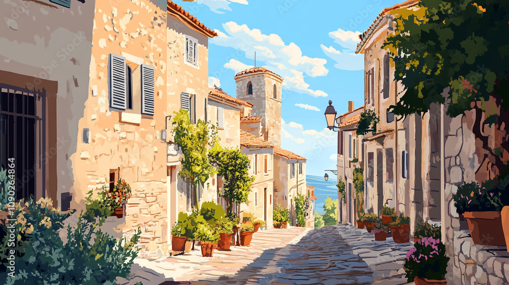 Fototapeta premium Charming cobblestone street lined with vibrant flowers in a scenic village
