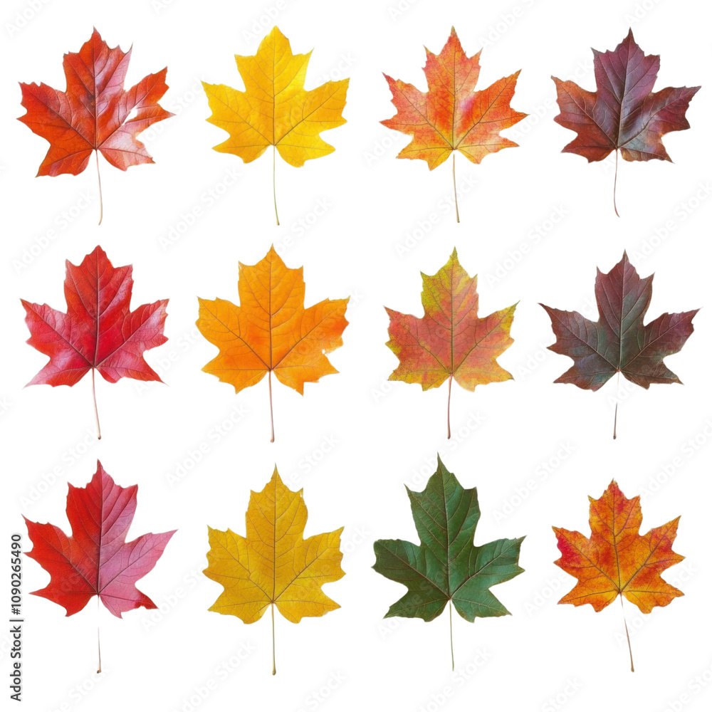 Obraz premium Autumn maple leaves set isolated on transparent background.