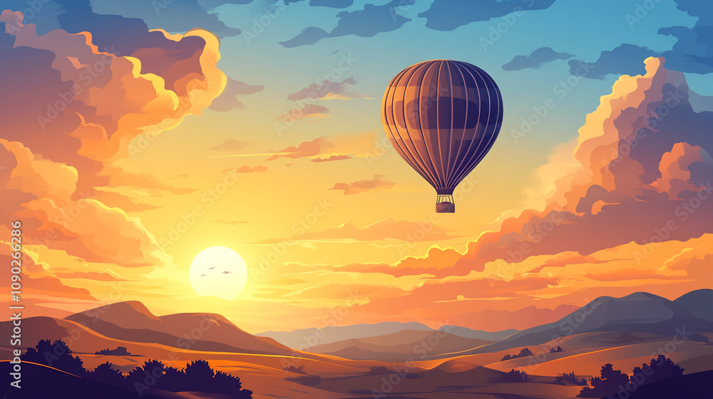 Obraz premium Hot air balloon ascends at sunset over tranquil landscape with rolling hills
