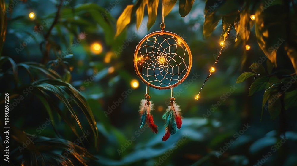 Obraz premium Ethereal Dreamcatcher Hanging in Lush Greenery with Soft Glowing Fairy Lights, Creating a Serene Atmosphere in Nature's Embrace