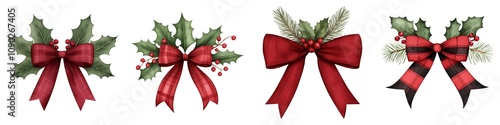 watercolorA festive collection of holiday bows and greenery, perfect for Christmas decorations and seasonal crafts. photo