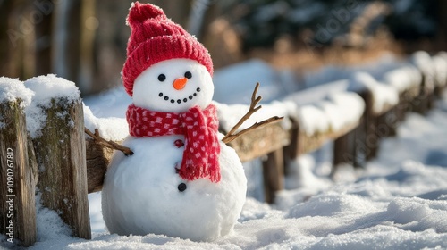 Adorable snowman with a red hat and scarf, twig arms, and carrot nose, against a rustic wooden fence photo