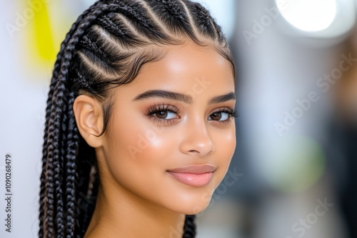 A creative African American hairstylist braiding intricate patterns in a clientâ€™s hair at a trendy salon