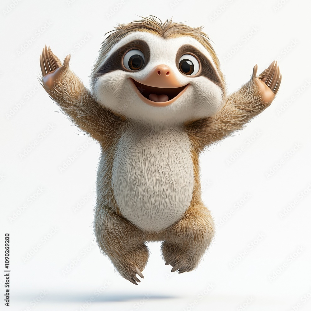 Obraz premium Happy Sloth: A cheerful, adorable cartoon sloth leaps with joy, capturing the essence of pure, unadulterated happiness. 