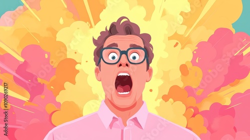 Surprised Man with Glasses Amid Colorful Explosion