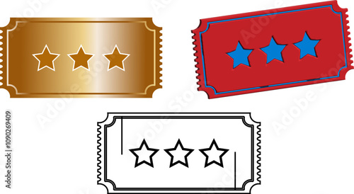 Ticket with three stars. Ticket symbol vector illustration.