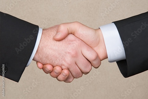 Agreement declared by business leaders shaking hands in front of a company logo, symbolizing a partnership