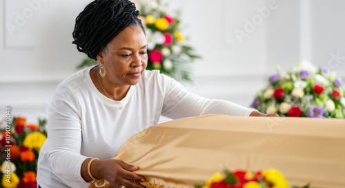 Grieving Black woman arranging flowers around a casket at a memorial service photo