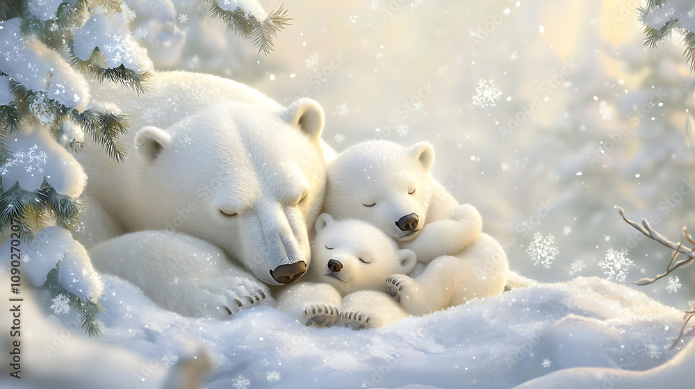 Obraz premium polar bear family cuddles together in snowy landscape, showcasing warmth and tenderness amidst falling snowflakes. This serene scene captures beauty of nature