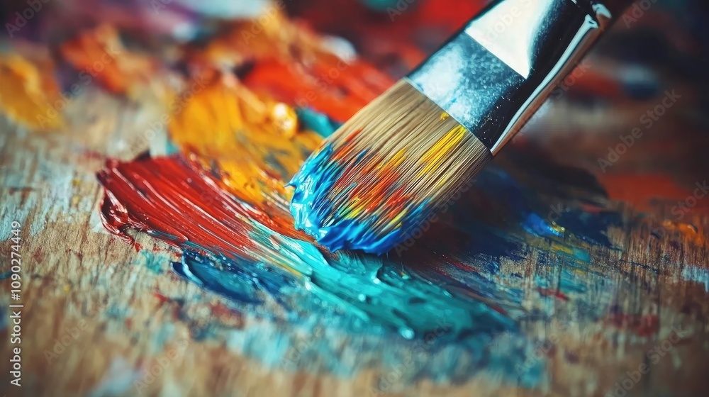 Obraz premium Close-Up View of Paint Brush Mixing Vibrant Colors on an Artist Palette, Showcasing Brush Strokes and Texture in an Artistic Setting