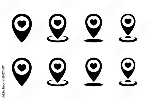 Favorite place icon set collection. Map pin, location with love sign symbol