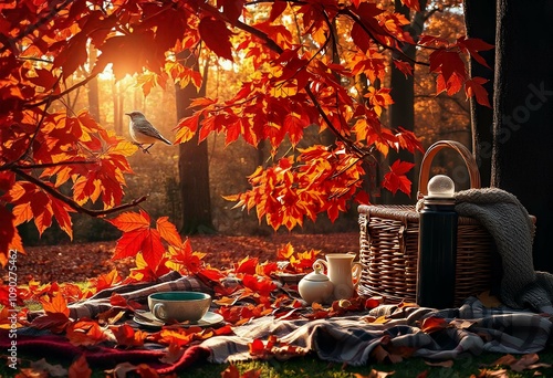 A picnic mat with a basket and A bird rests on a tree branch of food and cup of drinks,tee,coffey under a tree with color full leaves outdoor gatherings and fall celebrations (21)