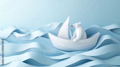 A paper-like scene featuring a polar bear in a boat on stylized waves.