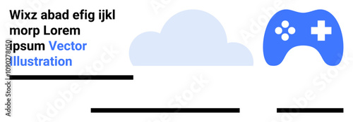 Blue game controller, cloud silhouette, black text placeholders, and horizontal lines. Ideal for technology, gaming, web design, branding, presentations, tutorials, and marketing Landing page