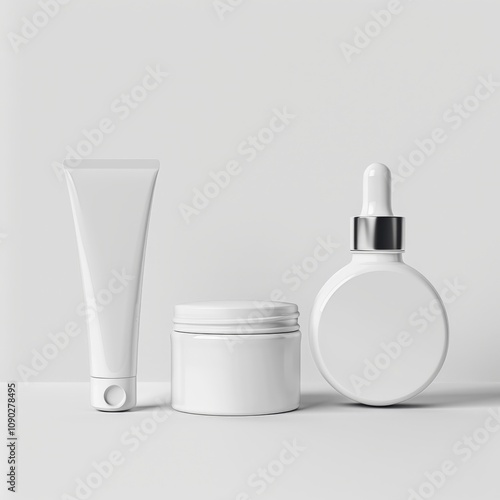 Mockup of three white cosmetic bottles on a white background. photo