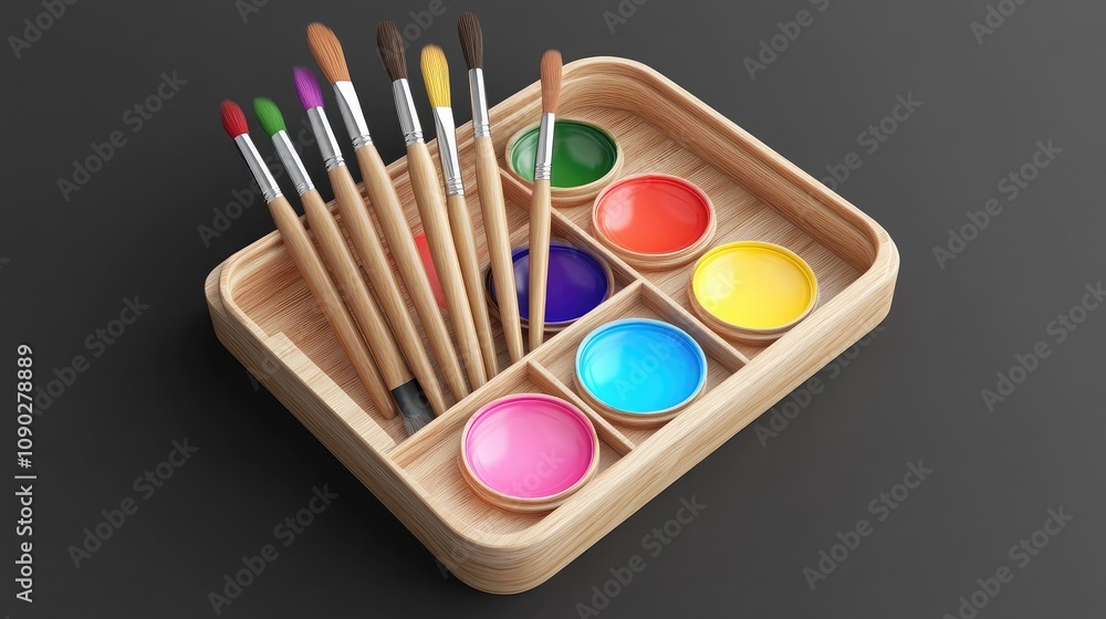 Naklejka premium Colorful Art Supplies on Wooden Tray Featuring Brushes and Paints for Creative Projects and Artistic Exploration in Bright Hues and Vibrant Colors