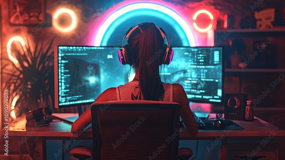 Woman Gamer Plays Video Games In Vibrant Neon Room Woman Gamer Plays Video Games In Vibrant Neon Room
