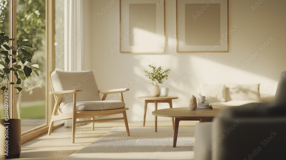 Fototapeta premium Scandinavian-inspired living room with simple wooden furniture - Bright white walls, light wood floors, comfy chairs, simple accessories