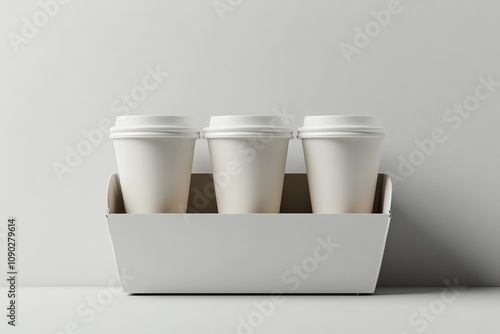 Three disposable coffee cups in a white cardboard holder on a white background.