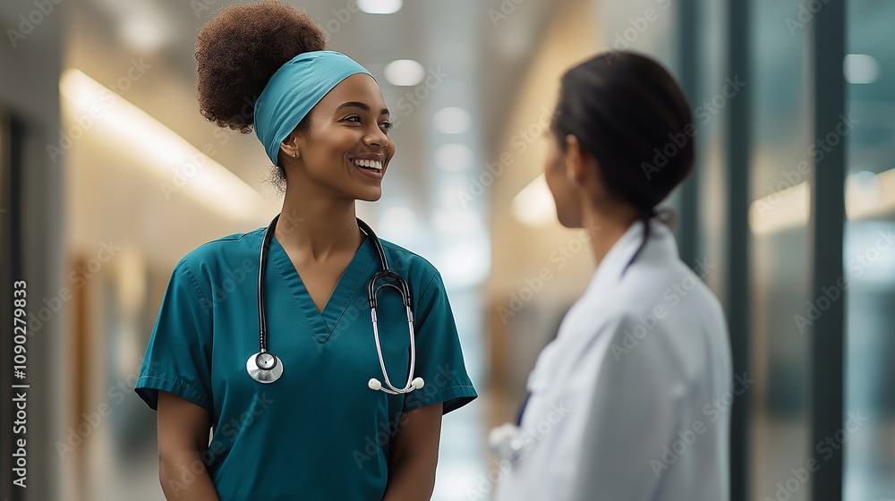 Fototapeta premium Smiling healthcare professionals discussing patient care in clinic