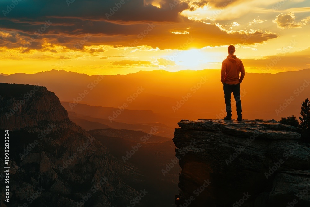 Obraz premium Man watches sunset from clifftop. Perfect for themes of adventure, solitude, and contemplation.