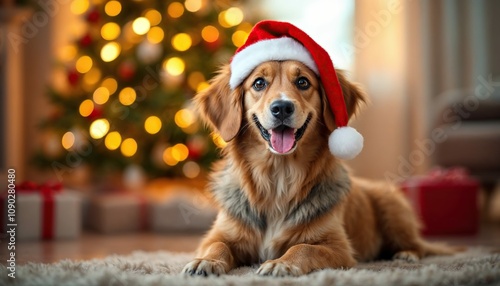 A heartwarming image of a golden retriever wearing a Santa hat, basking in the glow of a beautifully decorated Christmas tree.