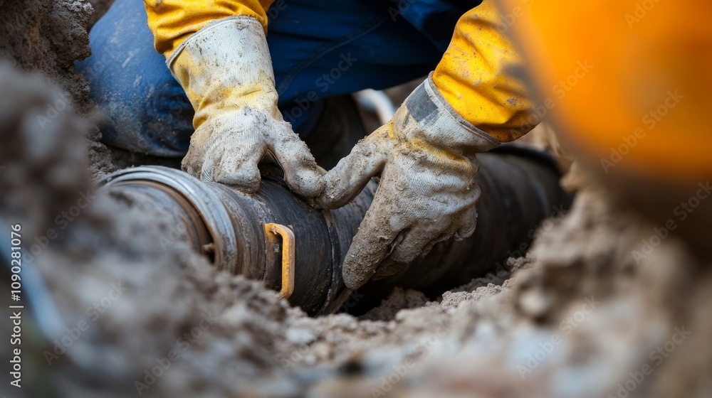 Obraz premium A close-up shot of a plumber repairing underground pipes in a municipal water treatment plant, Municipal water treatment pipe repair scene, Practical and precise style