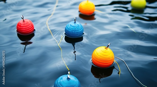 Playful Collection of Fishing Bobbers Floating on Rippling Water, Arranged in a Fun Pattern photo