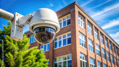Video security camera housing mounted high above college campus building, surveillance, security, technology, protection