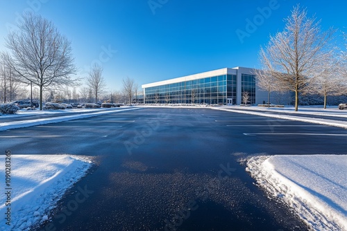 Snowy Winter Office Park Parking Lot  Modern Building  Winter Landscape
