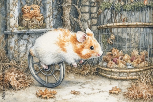 A playful hamster on a wheel in a charming, autumn-themed setting. photo