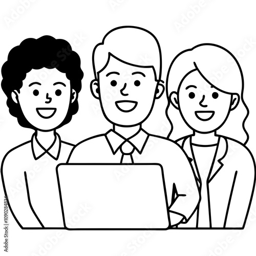 smiling colleagues cooperate on laptop