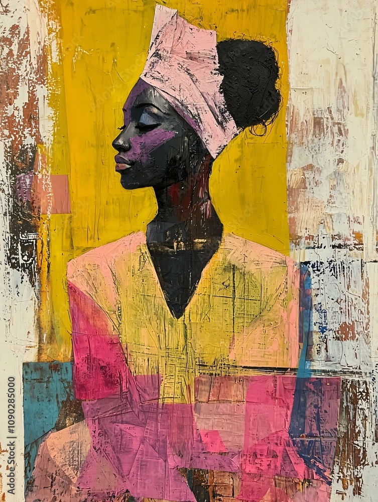 Fototapeta premium A vibrant abstract painting depicts a woman in profile, wearing a turban and colorful clothing against a textured background.