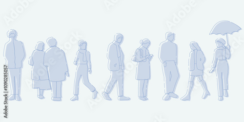flat minimal people male and female vector illustration in winter clothing concept isolated set collection. Outline with silhouette shadow. For architecture rendering, design, info graphic, media