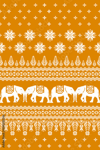 Thai geometric elephant border pattern in white and orange. South east asia elephant ethnic seamless pattern. Traditional pixel art. Design for fabric, clothing, wallpaper. Vector illustration.