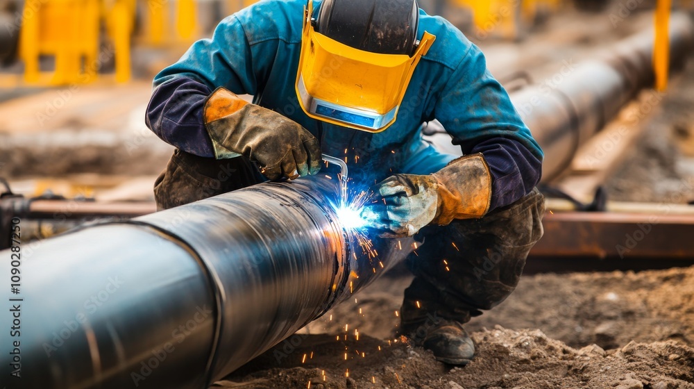 A close-up shot of a welder working on a pipeline installation in an oil refinery, Oil refinery pipeline welding scene, Industrial and skilled style A close-up shot of a welder working on a pipeline installation in an oil refinery, Oil refinery pipeline welding scene, Industrial and skilled style