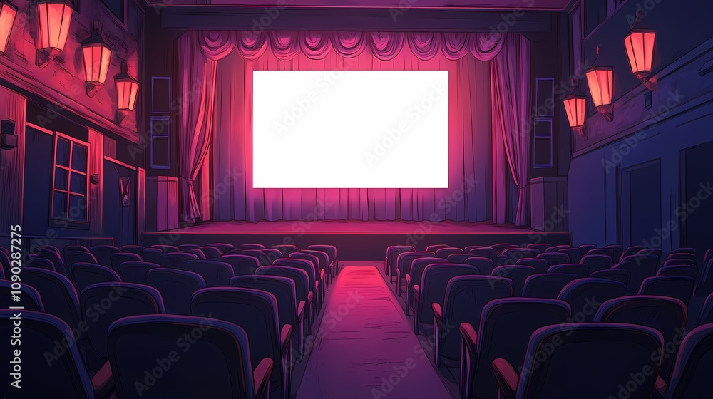 Obraz premium Empty Vintage Theater with Blank Screen and Red Lighting, Suitable for Cinematic Themes and Art Projects, Evoking Nostalgia for Film Lovers and Audience Memories