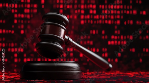 A gavel symbolizes justice and authority on a vibrant abstract red background, evoking thought on legal matters.