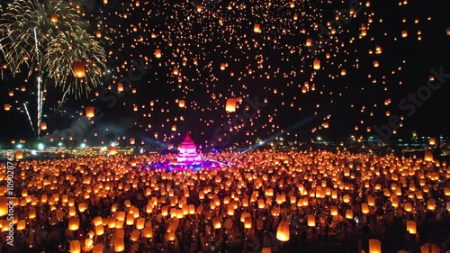 Floating lantern YeePeng Firework Festival or Yi Peng Lantern in Chiangmai, Chiang Mai festival and Loy Kratong Festival in Thailand,Asia 