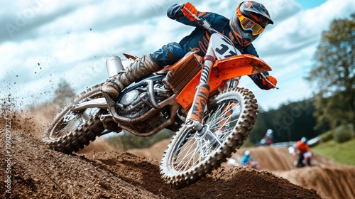 Motocross rider soaring through the air during a jump, surrounded by rugged terrain and a dramatic sky, showcasing speed, skill, and adrenaline photo