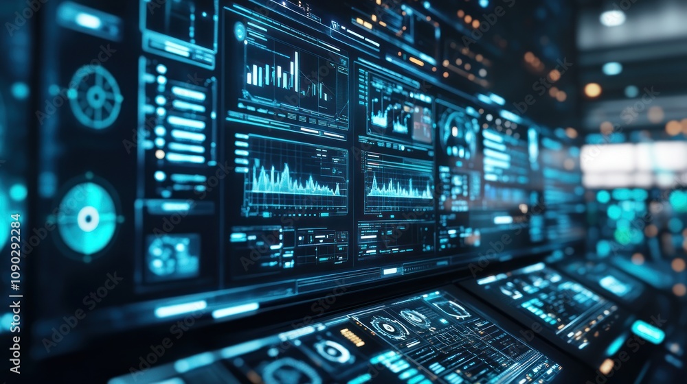 Fototapeta premium A futuristic interface with data visualizations and graphs displayed on a large screen, showing complex digital information and real-time updates.