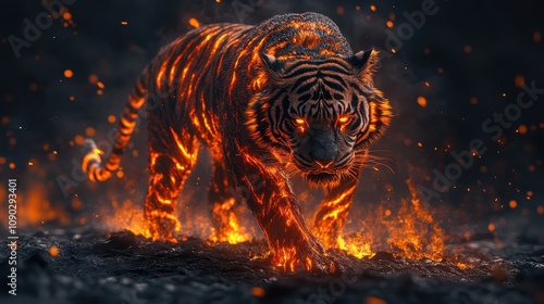 Majestic Fiery Tiger Walking Through Flames in a Dramatic and Surreal Fantasy Setting